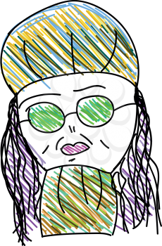 Sketchy portrait of a woman with color pencils wearing sunglasses hats and painted her lips in purple-color vector color drawing or illustration 