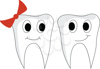 Clipart of a pair of teeth stands close to each other a male with a smirk face while the female with a red bow in its head gives a pleasant smile vector color drawing or illustration 