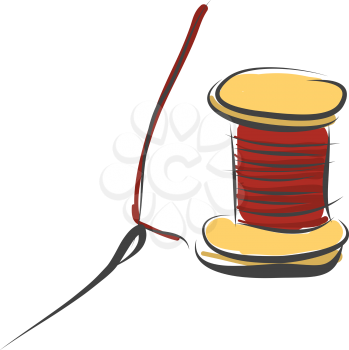 A wooden coil of strong thread with a needle for sewing leather goods and fur garments with embroidery designs vector color drawing or illustration 