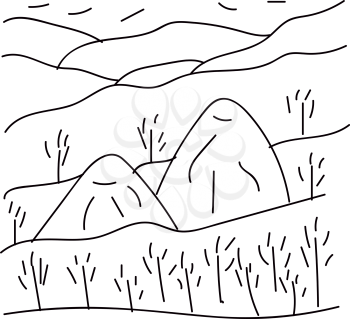 Line art of trees and mountains in black and white colors vector color drawing or illustration 