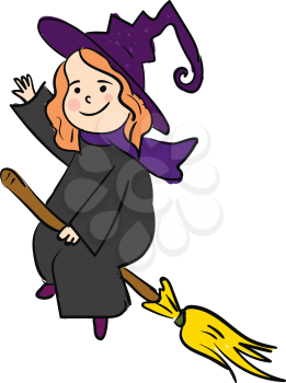A smiling cartoon witch waves its right hand while flying on a broom vector color drawing or illustration 