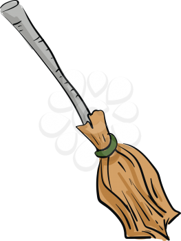 A cartoon witch broom brown in color has a green metal coil that ties the head and shaft of the broom together vector color drawing or illustration 