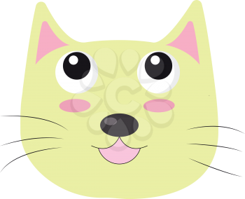 The face of a yellow-colored happy cat with rose-colored lips cheeks and ears with short whiskers vector color drawing or illustration 