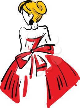 Back of a blonde woman wearing a red dress vector illustration on white background