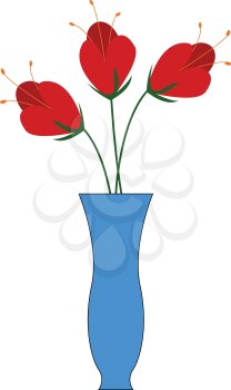 Three red flowers in a blue vase vector illustration on white background