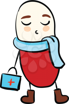 Cute vector illustration of a red medical pill wearing a suitcase and blue scarf