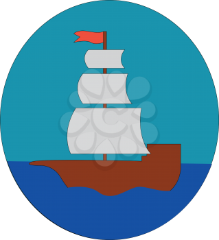 Simple cartoon of a sailing ship on blue water vector illustration in blue circle on white background