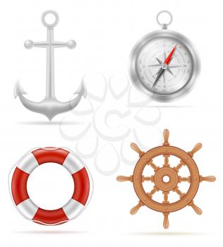 marine equipment anchor compass lifebuoy steering stock vector illustration isolated on white background