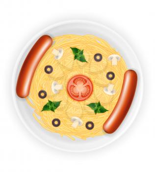 cooked macaroni pasta spaghetti and sausages on a plate with vegetables stock vector illustration isolated on white background