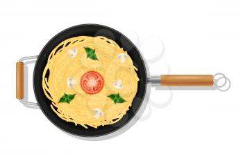 cooked macaroni pasta spaghetti in a pan wok skillet with vegetables stock vector illustration isolated on white background