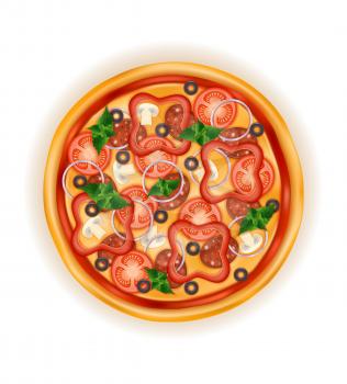 big round pizza with cheese tomato salami olive champignon onion stock vector illustration isolated on white background