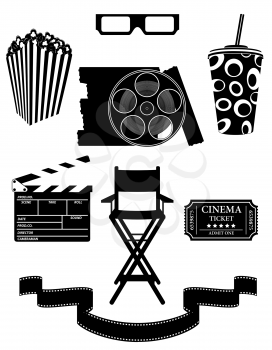 set cinema icons black silhouette outline stock vector illustration isolated on white background