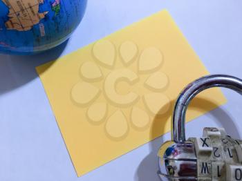 Earth global worldwide lock down with text space on white globe combination padlock background