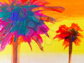 Abstract background painitng colorful island palm trees bright yellow color