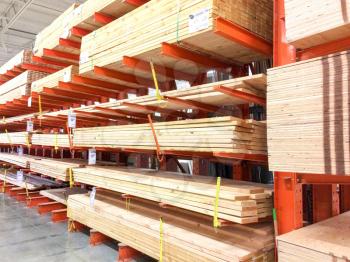 Wood lumber plywood at home improvement warehouse store in rack