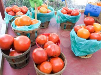 Tomatoes on display for sale assorted varities and baskets