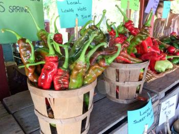 hot chili peppers in baskets on sale at farmers market