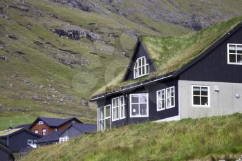 Bour, Faroe Islands - 14 September 2019 - Typical faroe house with grassy roof