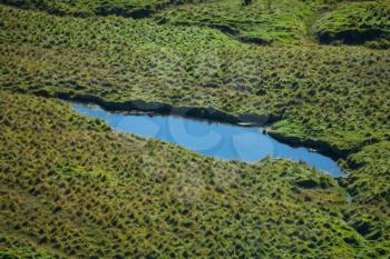 Blue lake and green grass minimalist landscape