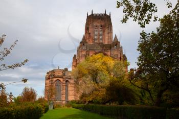 Liverpool, UK - 19 October 2019: Exterior of Cathedral Church of Christ in autumn