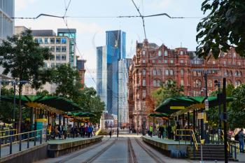Manchester, UK - 20 October 2019: St Peter's Square Tram Stop showing both platforms
