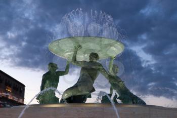 Valletta, Malta - 8 January 2020: Triton Fountain by sunset