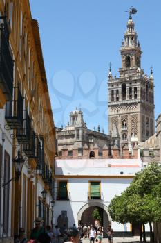 Seville, Spain - 29 July 2013: Giralda of Seville Cathedral view from the city