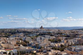 Panoramic view of Victoria with Rotunda St. John Baptist Church, view from Citadel, Gozo, Malta