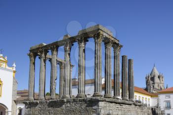 The Roman Temple of Evora (Templo romano de Evora), also referred to as the Templo de Diana with blue sky
