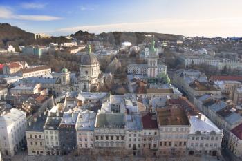 Panoramic view of Lviv with Dominican church at sunrise, Ukraine