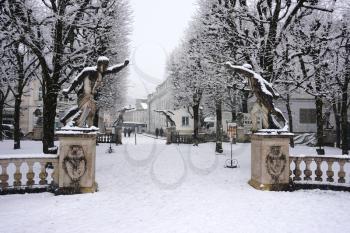 Salzburg, Austria - February 2018: Mirabell garden in winter