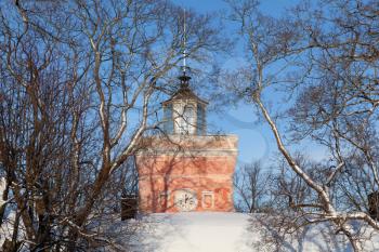 Helsinki, Finland - 20 January 2019: Suomenlinna Brewery clock tower close-up in winter