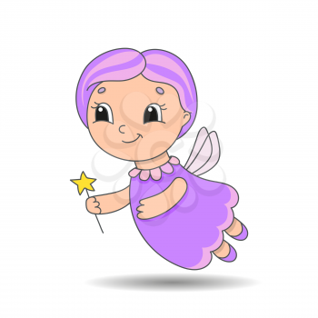 Fairy godmother flies and holds a magic wand. Cute character. Colorful vector illustration. Cartoon style. Isolated on white background. Design element.