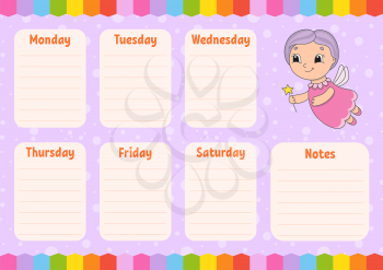 Elderly fairy. School schedule. Timetable for schoolboys. Empty template. Weekly planer with notes. Isolated color vector illustration. Cartoon character.