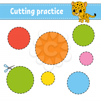 Cutting practice for kids. Education developing worksheet. Activity page with pictures. Color game for children. Isolated vector illustration. Funny character. Cartoon style.