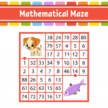 Mathematical maze. Game for kids. Number labyrinth. Education developing worksheet. Activity page. Puzzle for children. Cartoon characters. Riddle for preschool. Color vector illustration