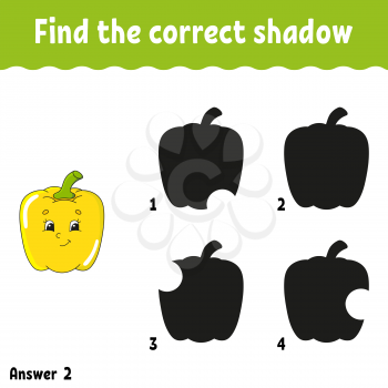 Find the correct shadow pepper. Education developing worksheet. Matching game for kids. Activity page. Puzzle for children. Cartoon character. Isolated vector illustration.
