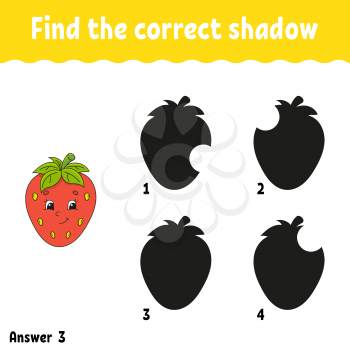 Find the correct shadow strawberry. Education developing worksheet. Matching game for kids. Activity page. Puzzle for children. Cartoon character. Isolated vector illustration.