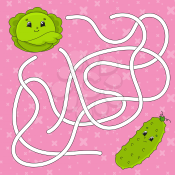 Vegetable cucumber, cabbage. Maze. Game for kids. Labyrinth conundrum. Education developing worksheet. Puzzle for children. Activity page. Cartoon character. Color vector illustration.
