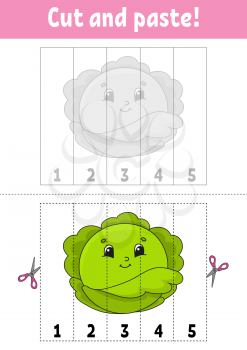 Learning numbers 1-5. Cut and glue. Cabbage character. Education developing worksheet. Game for kids. Activity page. Color isolated vector illustration. Cartoon style.
