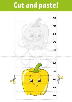 Learning numbers 1-5. Cut and glue. Pepper character. Education developing worksheet. Game for kids. Activity page. Color isolated vector illustration. Cartoon style.