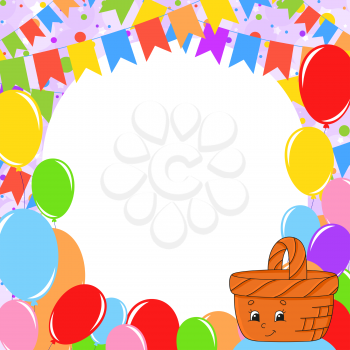Happy birthday greeting card with a cute cartoon character. With copy space for your text. Picture on the background of bright balloons, confetti and garlands. Color vector isolated illustration.
