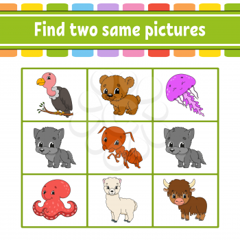 Find two same pictures. Task for kids. Education developing worksheet. Activity page. Game for children. Funny character. Isolated vector illustration. Cartoon style.