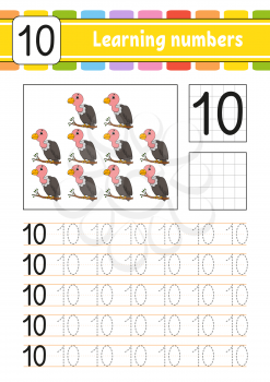 Trace and write. Handwriting practice. Learning numbers for kids. Education developing worksheet. Activity page. Game for toddlers and preschoolers. Isolated vector illustration in cute cartoon style.