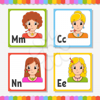 English alphabet. Letter M, C, N, E. ABC square flash cards. Cartoon character isolated on white background. For kids education. Developing worksheet. Learning letters. Color vector illustration.