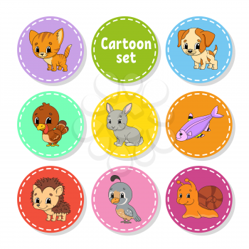 Set of colored stickers with cute characters. Isolated vector illustration.