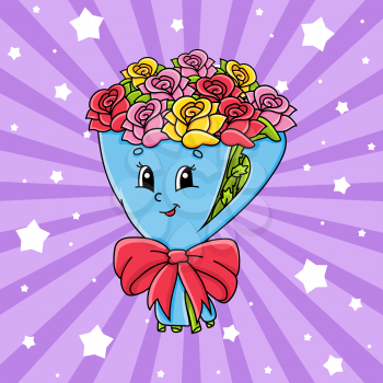 Bouquet of flowers roses on wrapping paper with bow. Cute cartoon character. Colorful vector illustration. Isolated on color background. Template for your design.