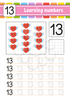 Number 13. Trace and write. Handwriting practice. Learning numbers for kids. Education developing worksheet. Activity page. Game for toddlers. Isolated vector illustration in cute cartoon style.