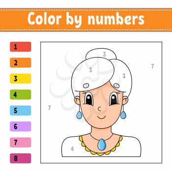 Color by numbers. Beautiful girl. Activity worksheet. Game for children. Cartoon character. Vector illustration.