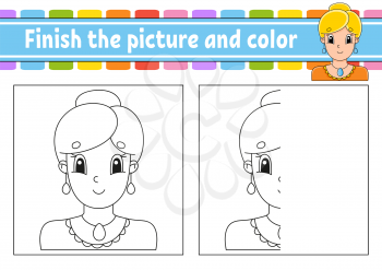 Finish the picture and color. Cartoon character isolated on white background. For kids education. Activity worksheet.